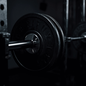 A dramatic, high-contrast close-up of a chrome barbell on a black rack in a dimly lit gym with sharp edge lighting
