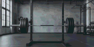 A photorealistic image of a barbell resting on a metal squat rack inside a brightly lit, modern gym with a minimalist design and soft background blur