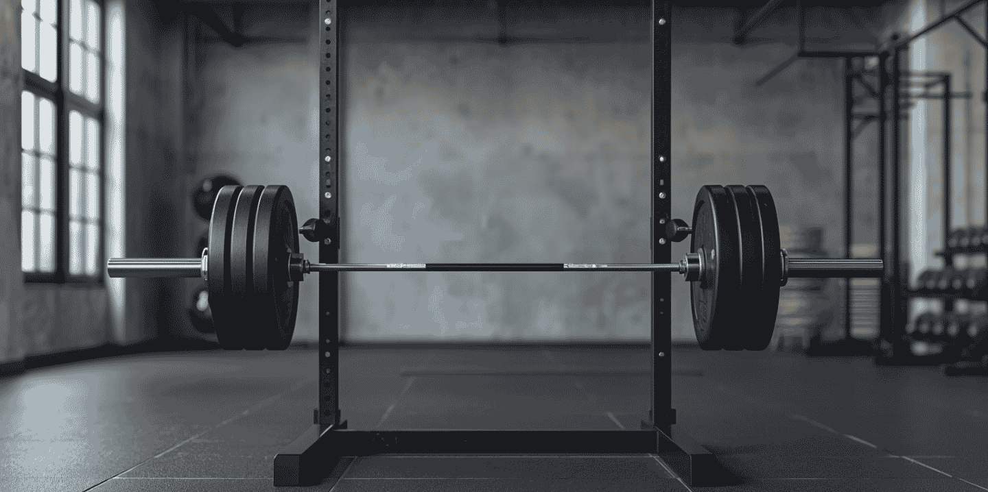 A photorealistic image of a barbell resting on a metal squat rack inside a brightly lit, modern gym with a minimalist design and soft background blur