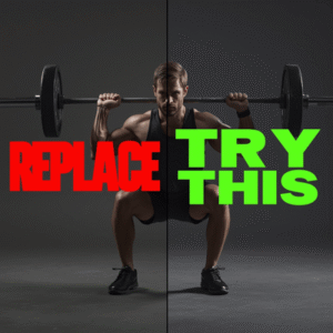 An editorial split photo labeled "REPLACE" over a back squat on the left, and "TRY THIS" over a front squat on the right