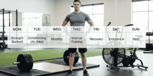 Athlete balancing barbell strength training and conditioning in a concurrent training program