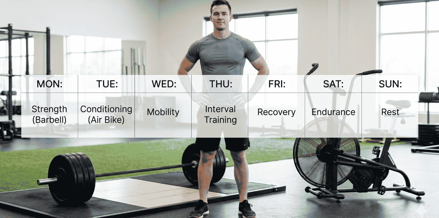 Athlete balancing barbell strength training and conditioning in a concurrent training program