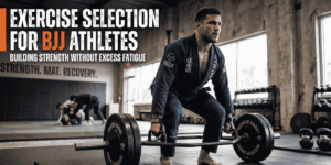 BJJ athlete performing a trap-bar deadlift in a gym.