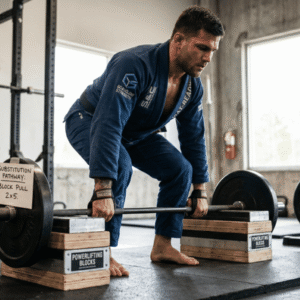 BJJ athlete performing barbell block pulls in a gym.