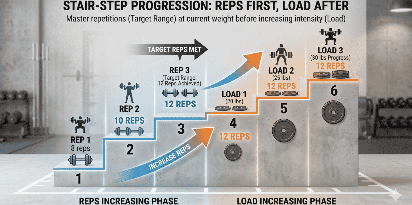 Double progression and step loading model for breaking strength plateaus.