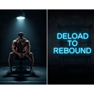 Dramatic dark gym scene with a tired athlete under a spotlight and glowing text