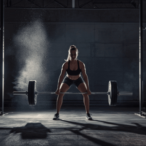 Female athlete locking out a heavy deadlift in a garage gym with chalk dust