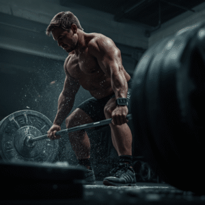 Gritty, high-contrast photo of an athlete performing a heavy barbell deadlift in a moody, minimalist gym with chalk dust in the air