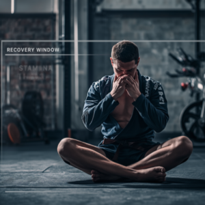 Hybrid athlete in a BJJ gi jacket sitting in a gym with a digital metric overlay