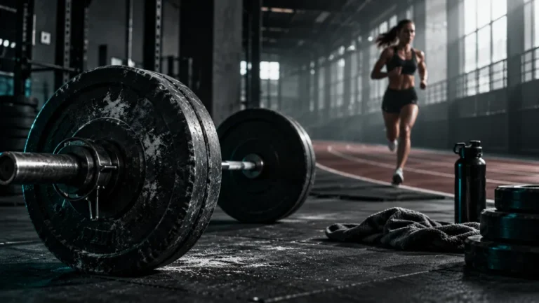 Generated illustration of a barbell in the foreground and a runner on an indoor track.