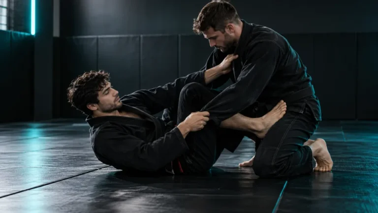 Generated illustration of two athletes practising a ground grappling position.
