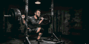 Side view of a sweaty athlete lifting a heavy barbell in a dark gym