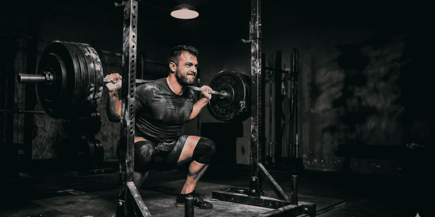 Side view of a sweaty athlete lifting a heavy barbell in a dark gym