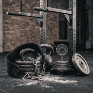 A dipping belt with chains alongside fractional change plates and weight plates on a gym floor
