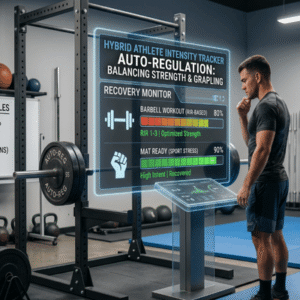 A man looks at a futuristic holographic performance tracker in a hybrid strength and combat sports gym
