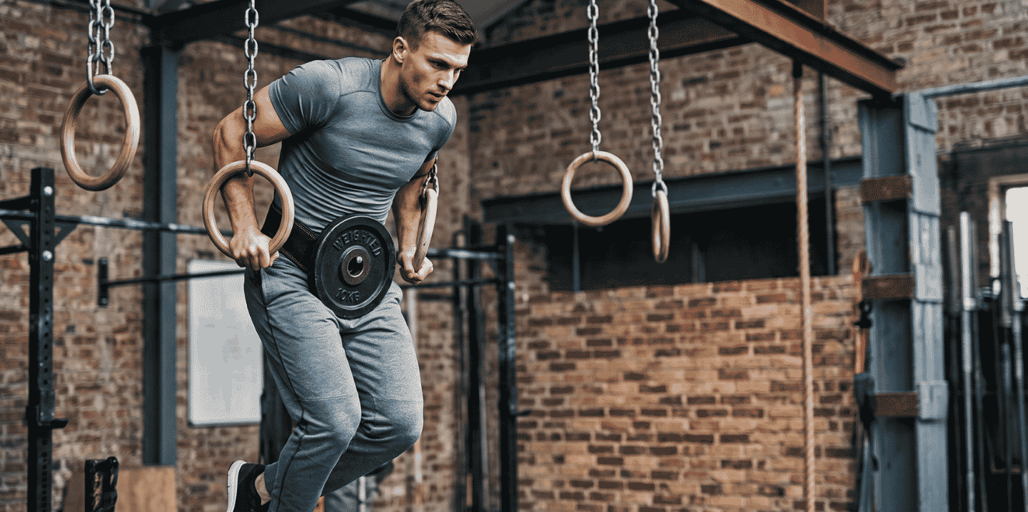 A man performs a muscle-up on gymnastics rings while wearing a weighted belt in a gym