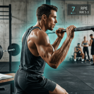 A muscular man performs a barbell row with a chest-high hold in a gym, with a digital overlay showing '7 RPE / RIR 1-3'