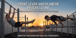A side-by-side view of an athlete executing a front lever on a high bar and a planche on parallel bars at an outdoor gym during sunset