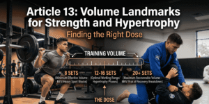 A split image showing a man barbell squatting and people doing BJJ, with an infographic scale