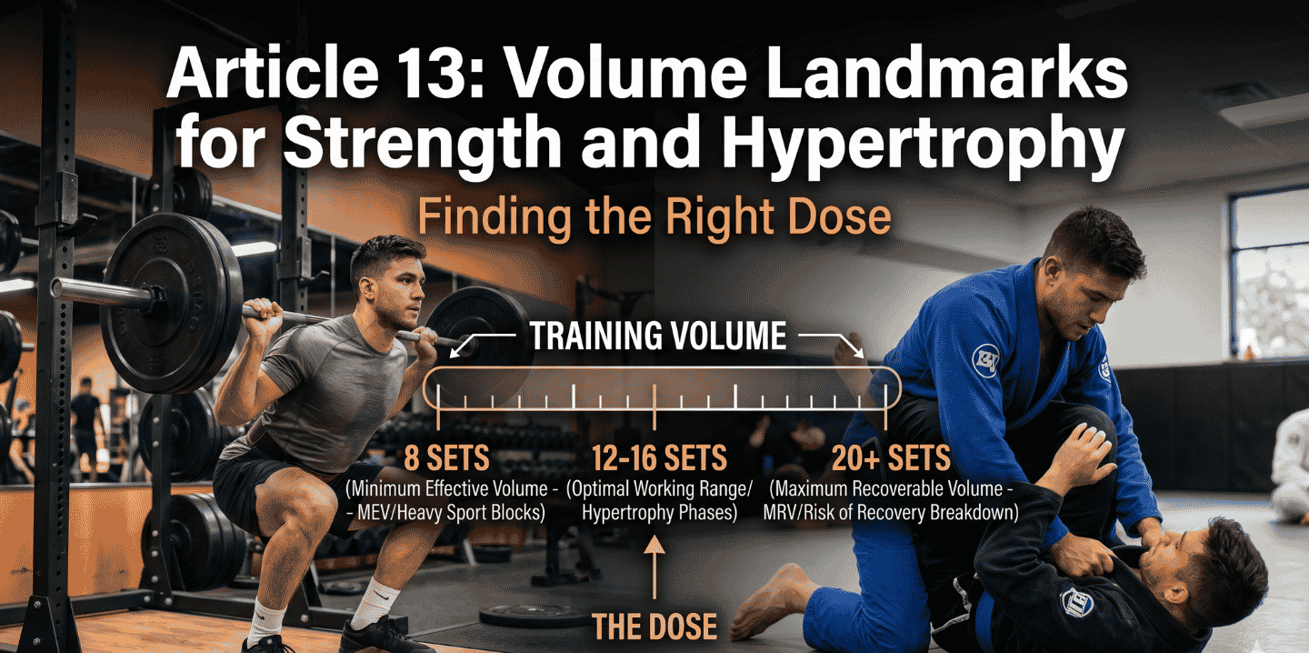 A split image showing a man barbell squatting and people doing BJJ, with an infographic scale