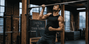 Advanced athlete performing a strict one-arm pull-up in a gym