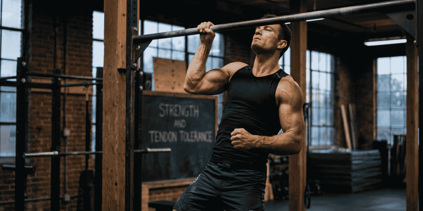 Advanced athlete performing a strict one-arm pull-up in a gym