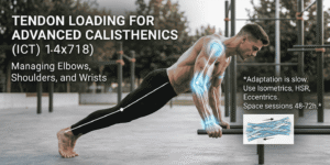 Advanced calisthenics athlete performing a planche lean on parallettes with an anatomical overlay highlighting elbow, wrist, and shoulder tendons
