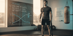 An athletic man standing on a lifting platform in a gym with a performance-versus-fatigue chart on a window and a hanging heavy bag in the background