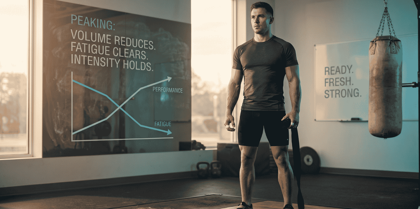 An athletic man standing on a lifting platform in a gym with a performance-versus-fatigue chart on a window and a hanging heavy bag in the background