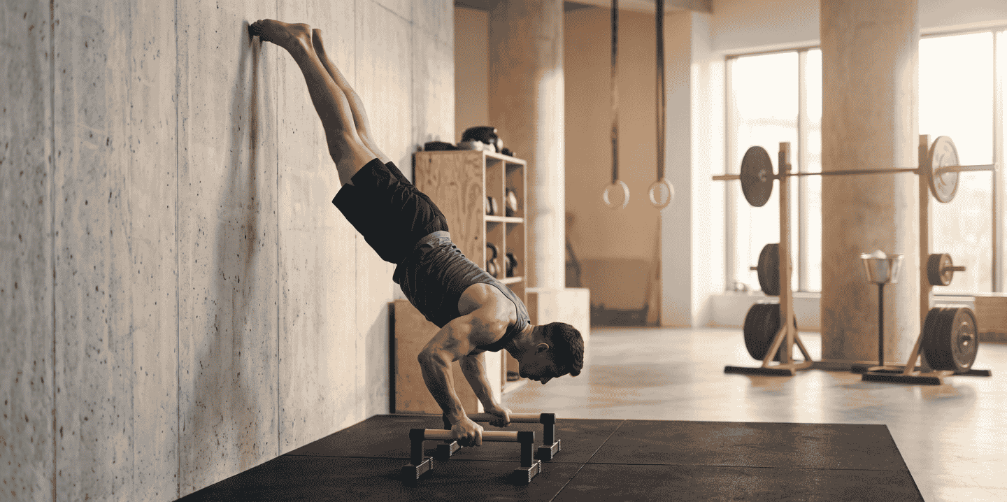 Athlete performing a wall-assisted handstand push-up on parallettes in a gym