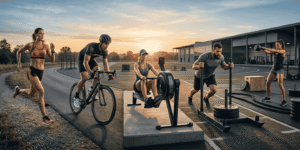 Athletes running, cycling, and pushing a sled during a hybrid conditioning workout