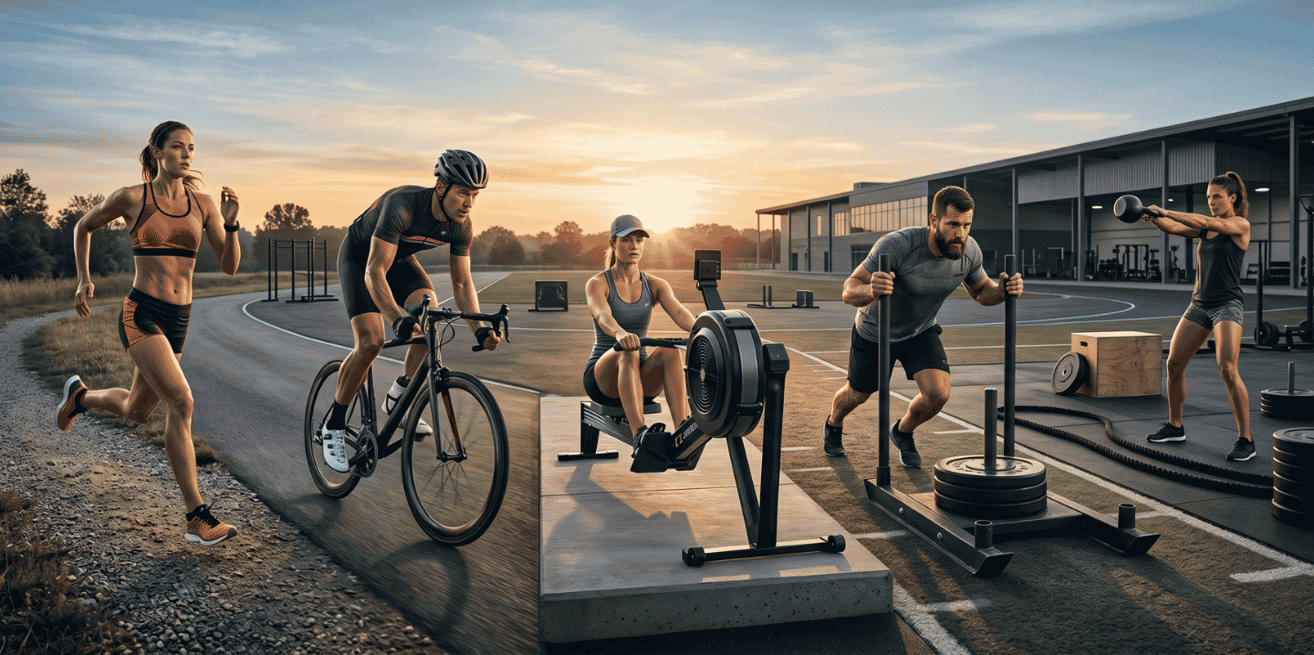 Athletes running, cycling, and pushing a sled during a hybrid conditioning workout