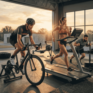 Athletes training on a stationary bike and treadmill inside a gym during sunrise