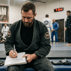 BJJ athlete tracking workout details in a strength training log