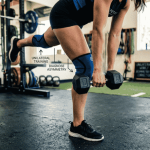 Close-up of an athlete doing a single-leg dumbbell RDL with diagram text highlighting asymmetry diagnosis