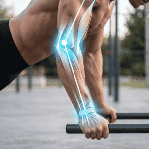 Close-up of an athlete's arm on a parallette bar with an anatomical graphic overlay showing the elbow and wrist tendon structures