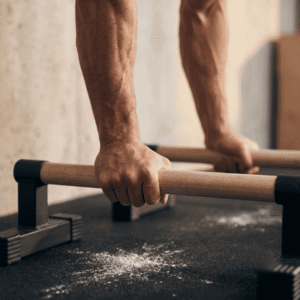 Close-up of an athlete's hands gripping wooden parallettes for a handstand push-up