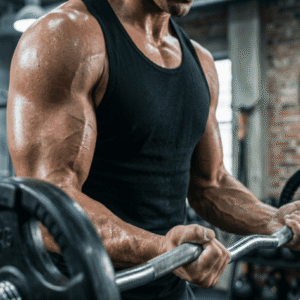 Close-up square shot of a man's muscular arms straining during a barbell curl