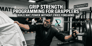 Grappler holding a gi and a barbell with lifting straps