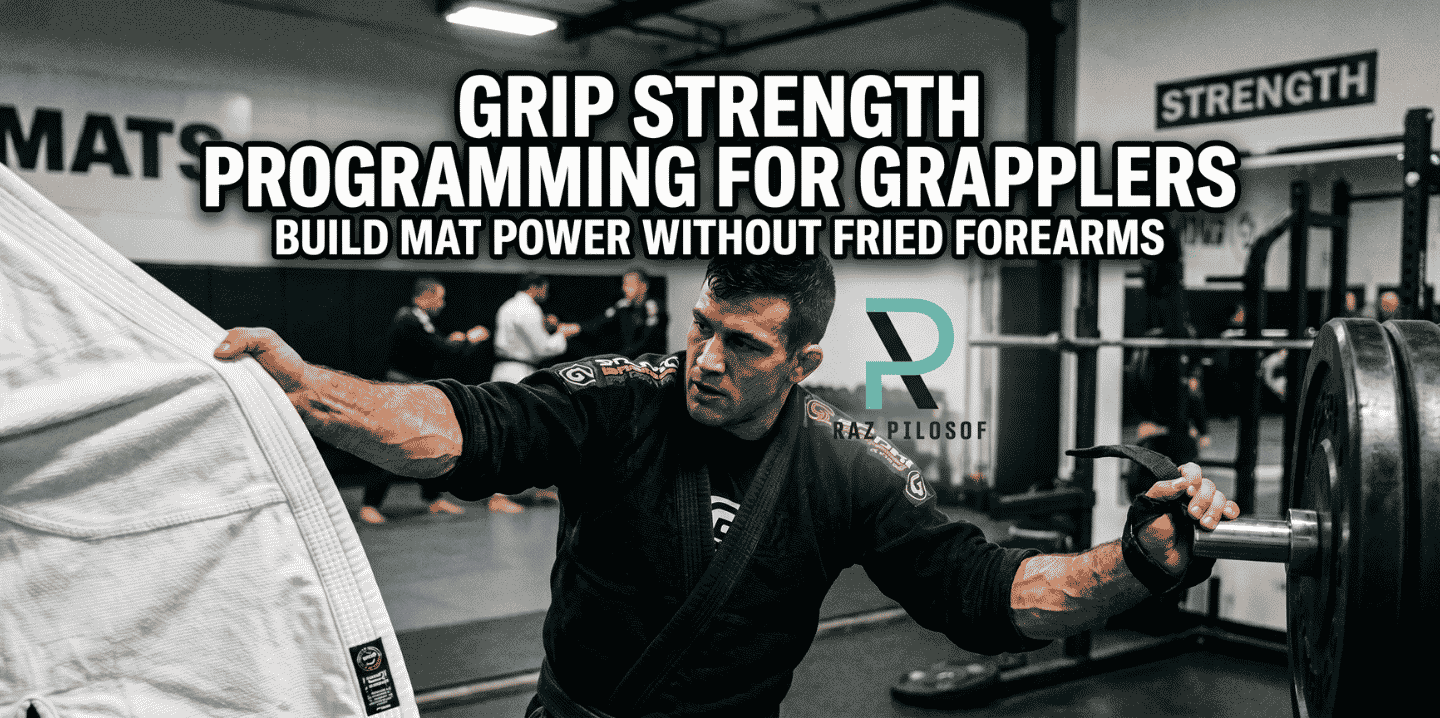 Grappler holding a gi and a barbell with lifting straps