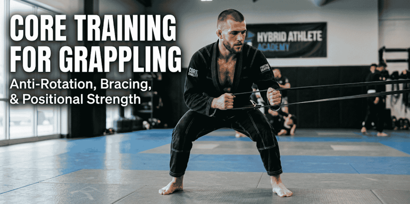 Grappler in a black gi performing a standing cable anti-rotation press on jiu-jitsu mats