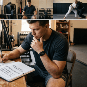 Grid showing an athlete grappling, a barbell squat, a movement pattern diagram, and a training journal