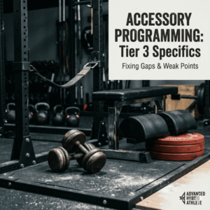 Gym equipment, including dumbbells, a GHD bench, and resistance bands on a lifting platform