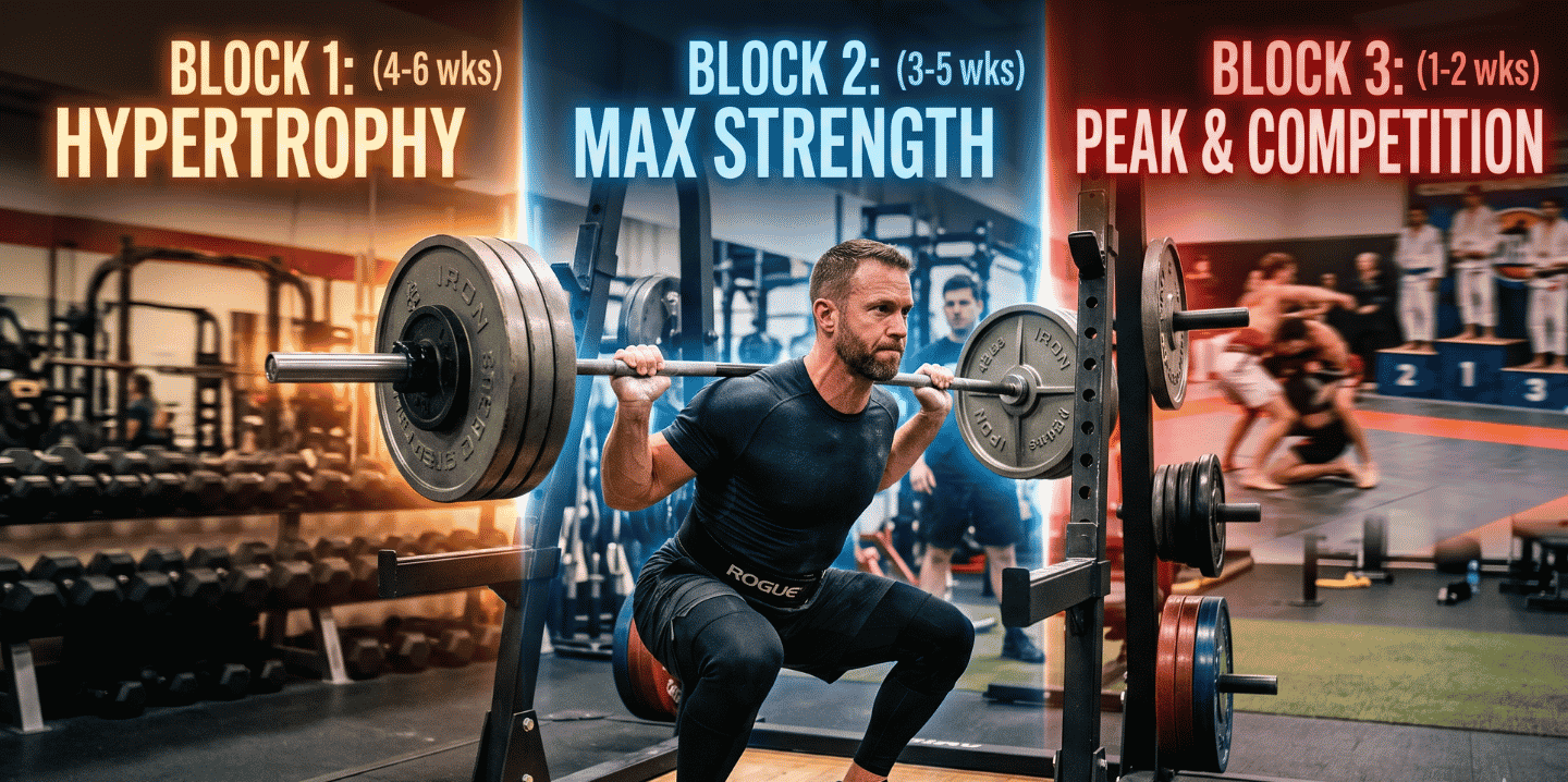 Infographic of athletic periodization blocks: hypertrophy, max strength, and competition