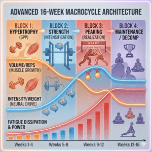 Line graph showing a 16-week periodization macrocycle with shifting volume, intensity, and fatigue lines across training blocks