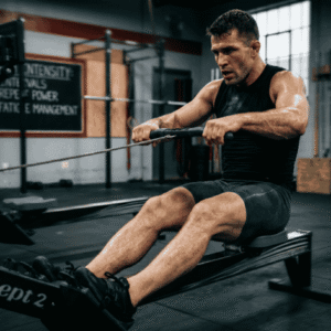 Male athlete pulling the handle of a rowing machine during an intense conditioning interval workout