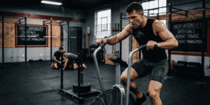Male athlete riding an air bike during a high-intensity conditioning workout in a training gym