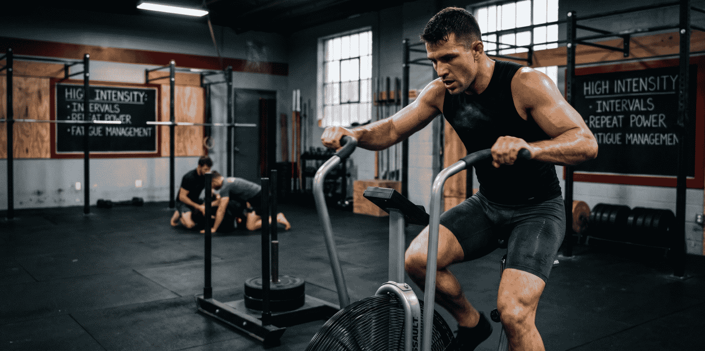 Male athlete riding an air bike during a high-intensity conditioning workout in a training gym