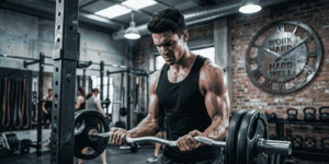 Muscular man in tank top straining to barbell curl in industrial gym