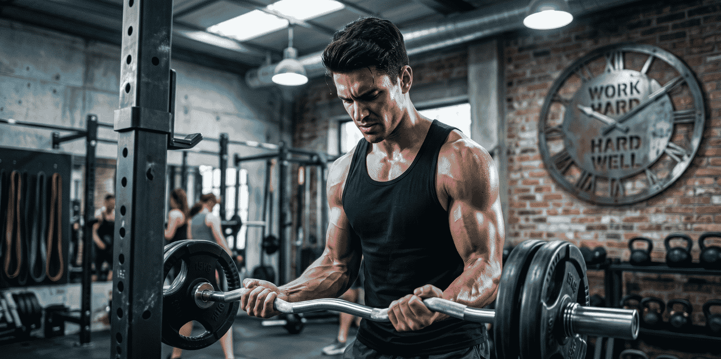 Muscular man in tank top straining to barbell curl in industrial gym